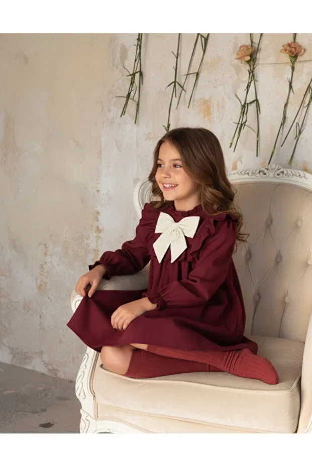 Детское платье для девочек с длинным рукавом Melek Golden, Burgundy — фото 3