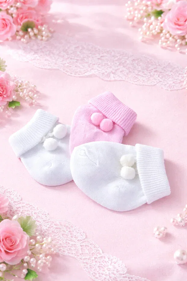 Детские носки для новорожденных с помпонами Basics Baby Socks, Ecru — фото 2