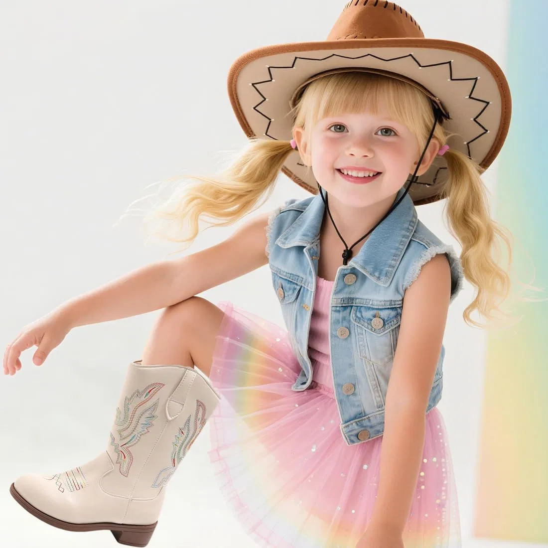 Детские сапоги-казаки с блестками Cowboy Boots для мальчиков и девочек kkdom, Beige Leather — фото 4