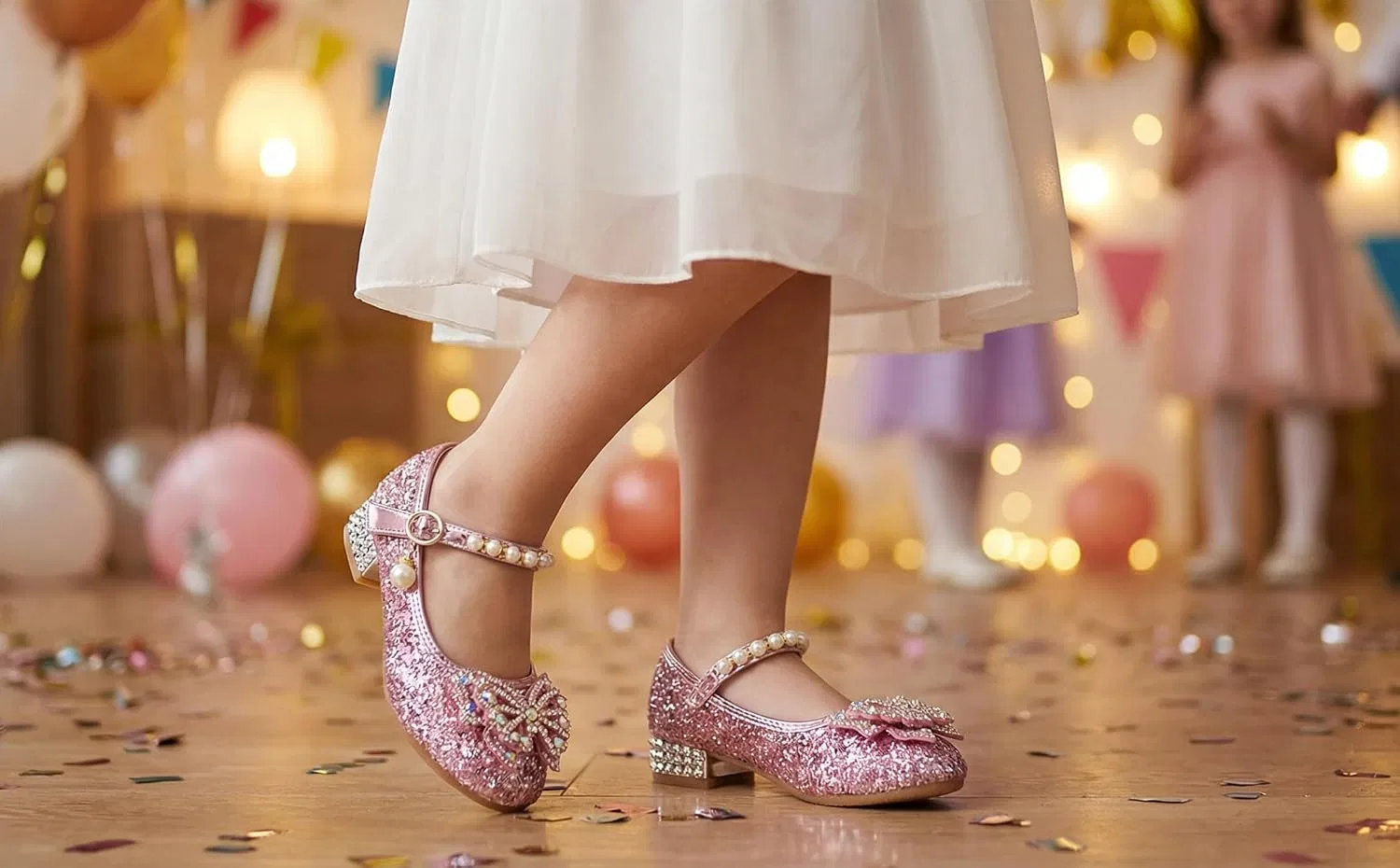 Детские туфли для девочек с блестками и цветком Mary Jane JGKDTX, Pink — фото 2