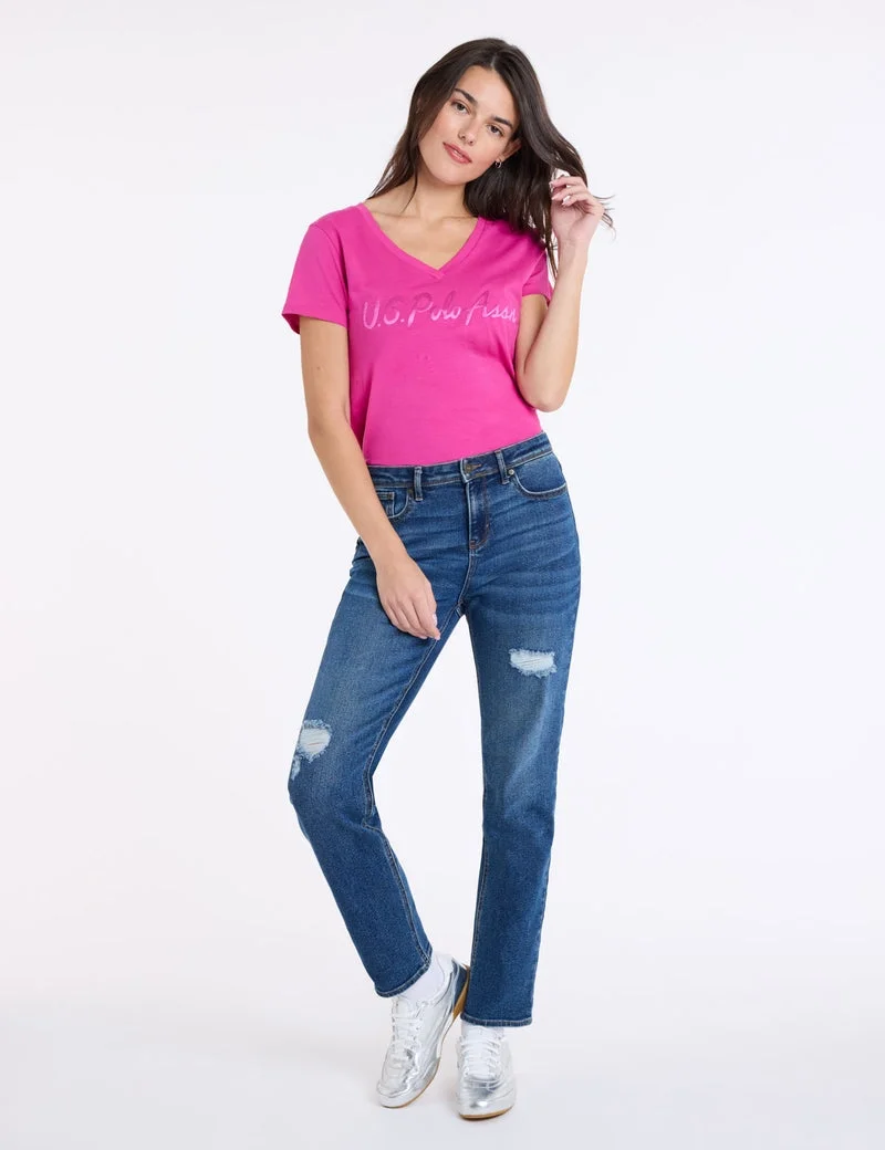Женская футболка U.S. Polo Assn. Shiny Sateen Print V-Neck, розовый — фото 3