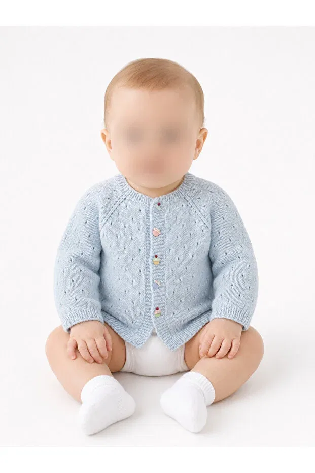 Детский кардиган для девочек хлопковый Hand knitted light blue baby cardigan with cupcake buttons made of 100% organic cotton Lunera, Blue