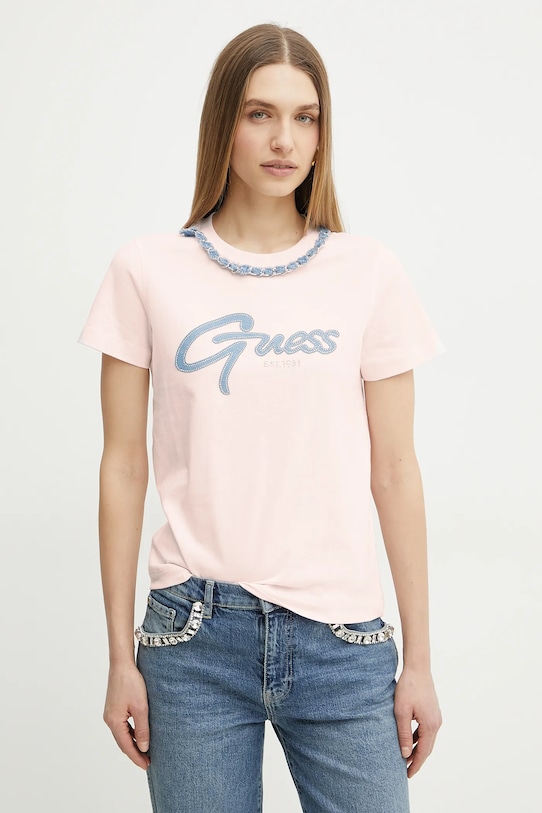 

Хлопковая футболка Guess, розовый
