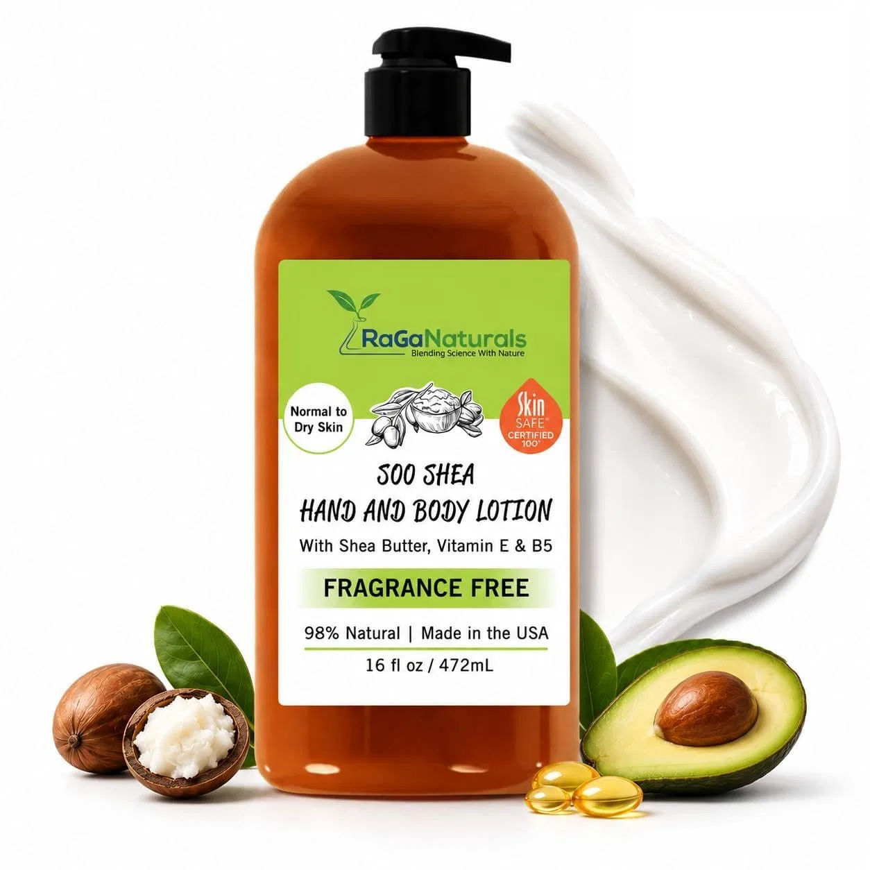 Лосьон для тела Shea Butter, Argan, Avocado, Vitamin E and B5, 499 г, RaGaNaturals