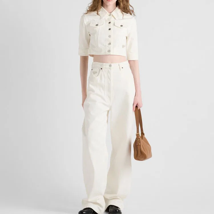 Женская джинсовая куртка из коллекции SS25 с принтом, белая, PRADA, White — фото 4