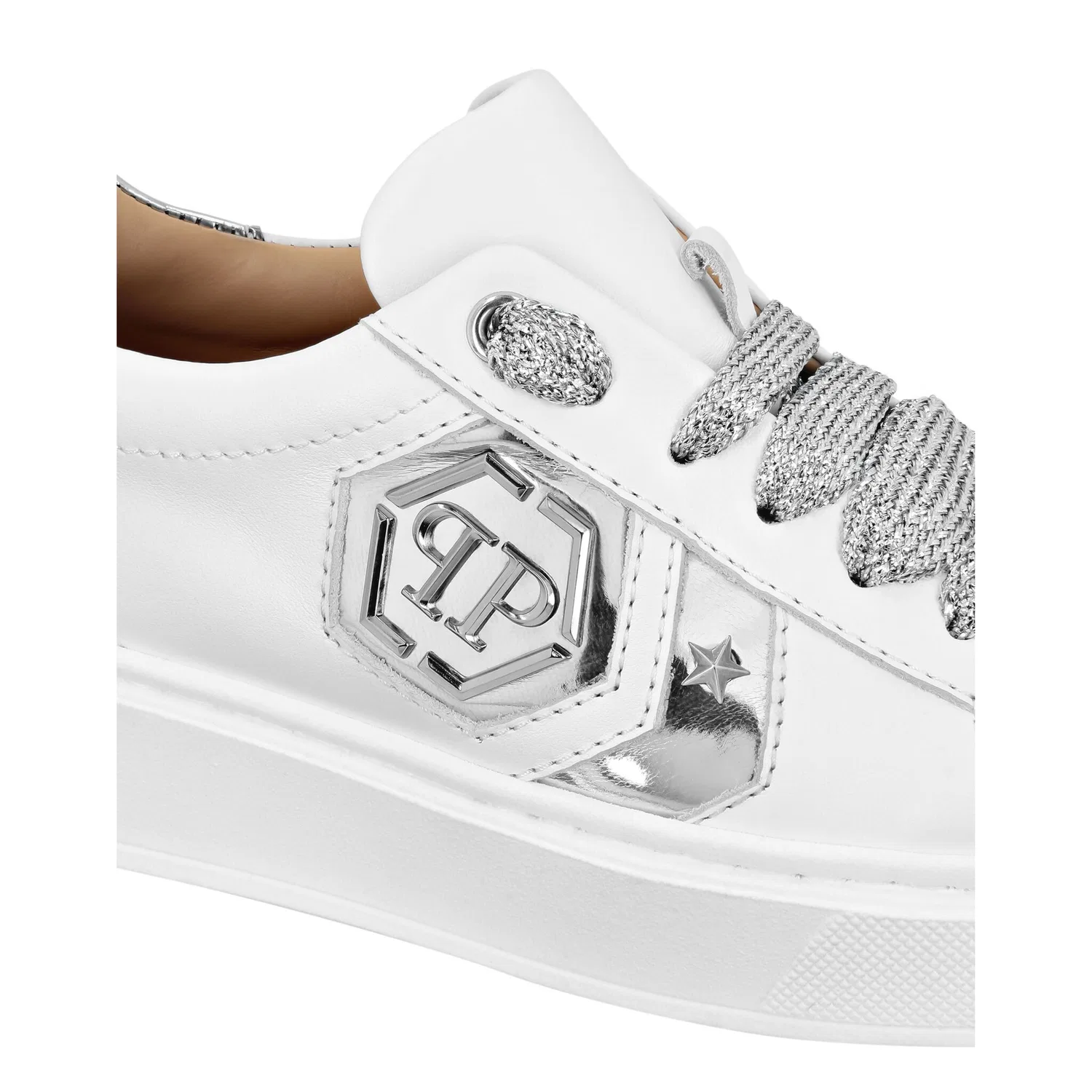 Детские кожаные кроссовки с шестиугольным логотипом PHILIPP PLEIN, White/Silver — фото 2