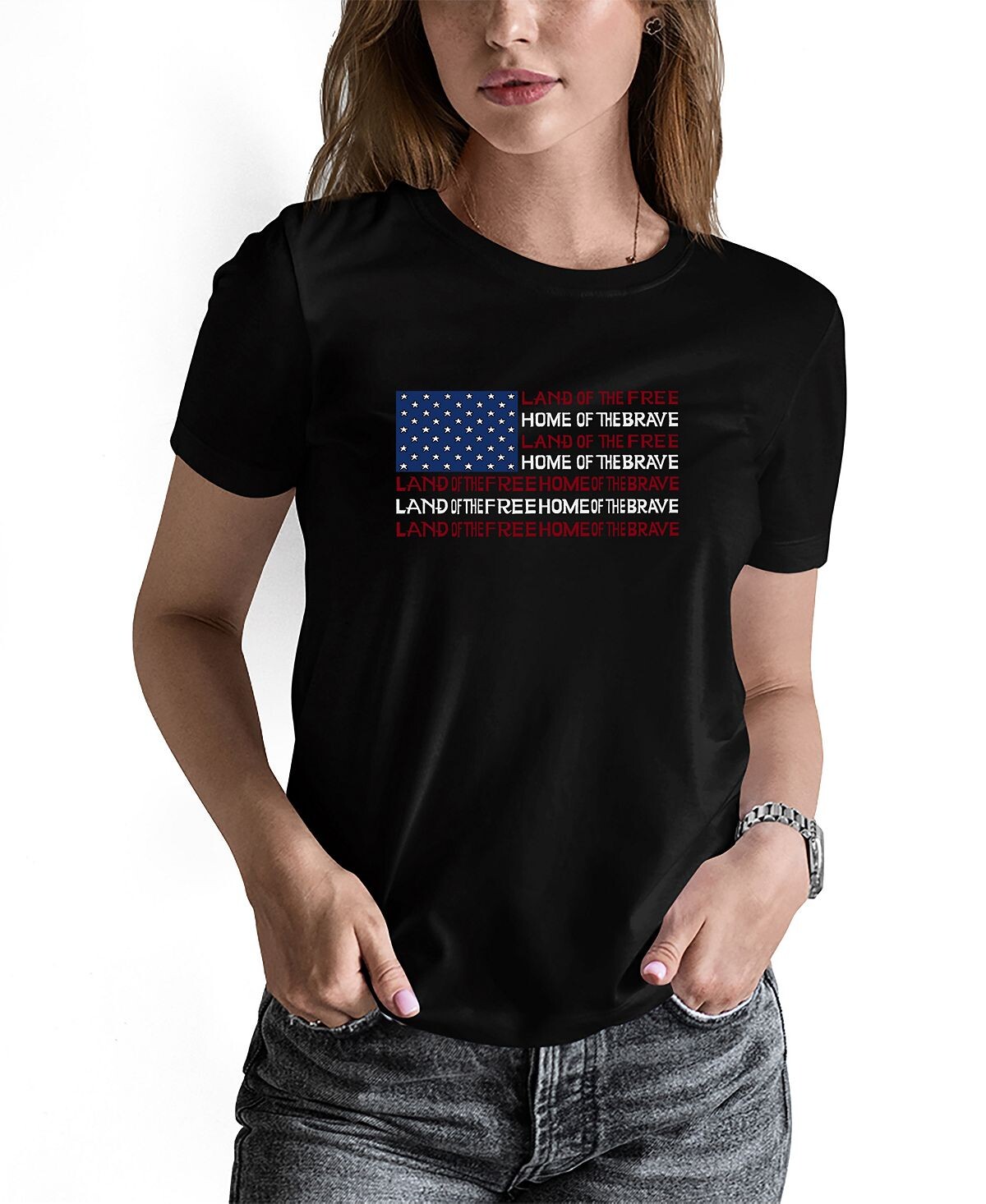 

Женская футболка с надписью land of the free american flag word art LA Pop Art, черный