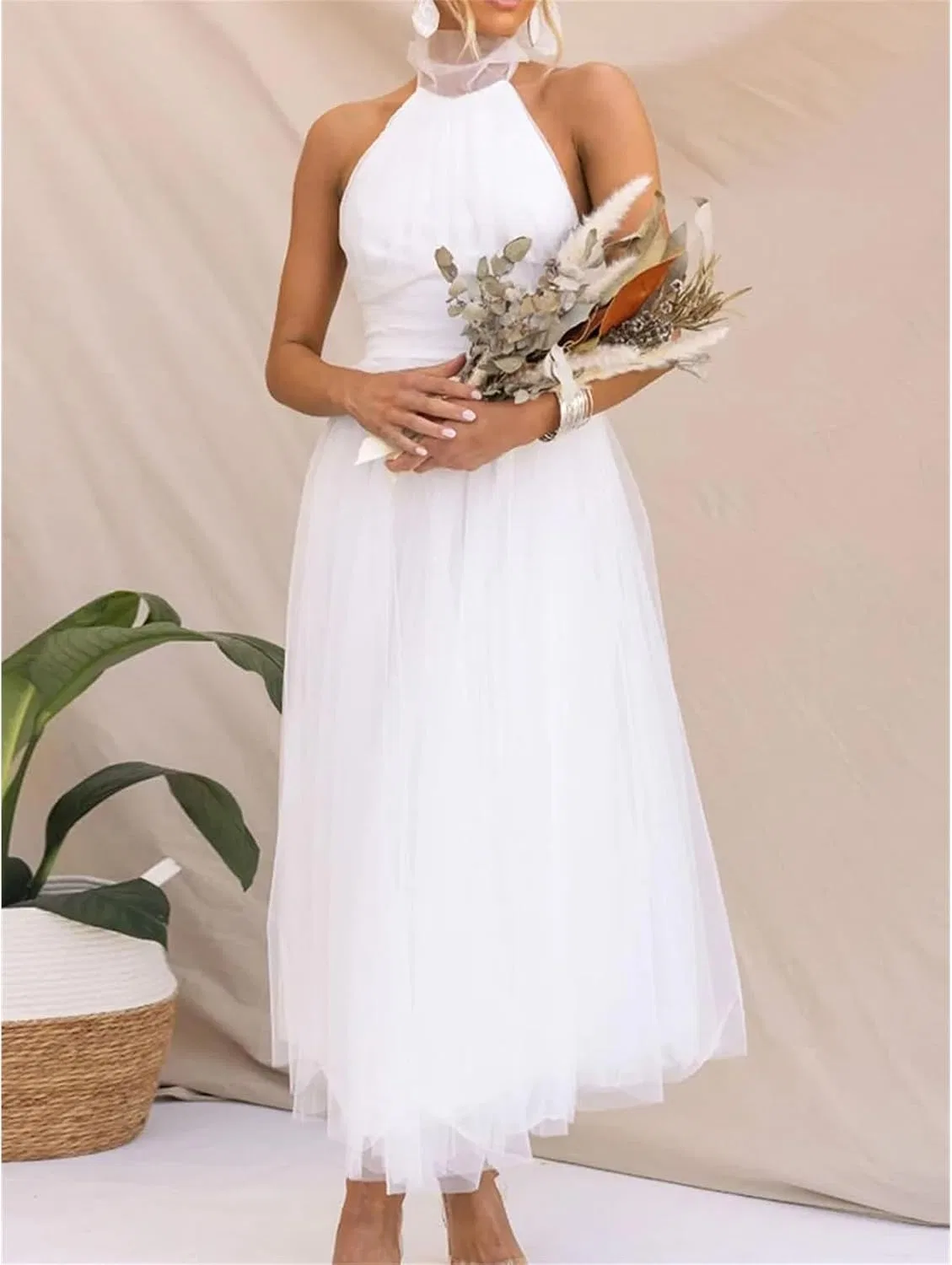 Женское вечернее платье макси с открытой спиной Halter Neck Tulle, Yellow — фото 2