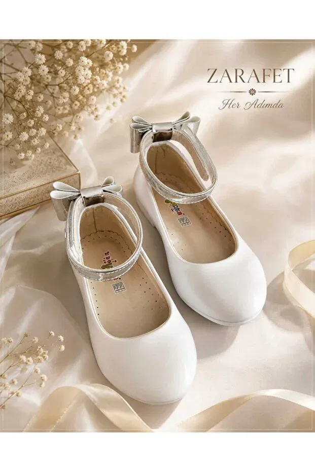 Детские балетки для девочек с бантом Shiny Silver Bowknot Ankle Strap Ballet Flats Model, White