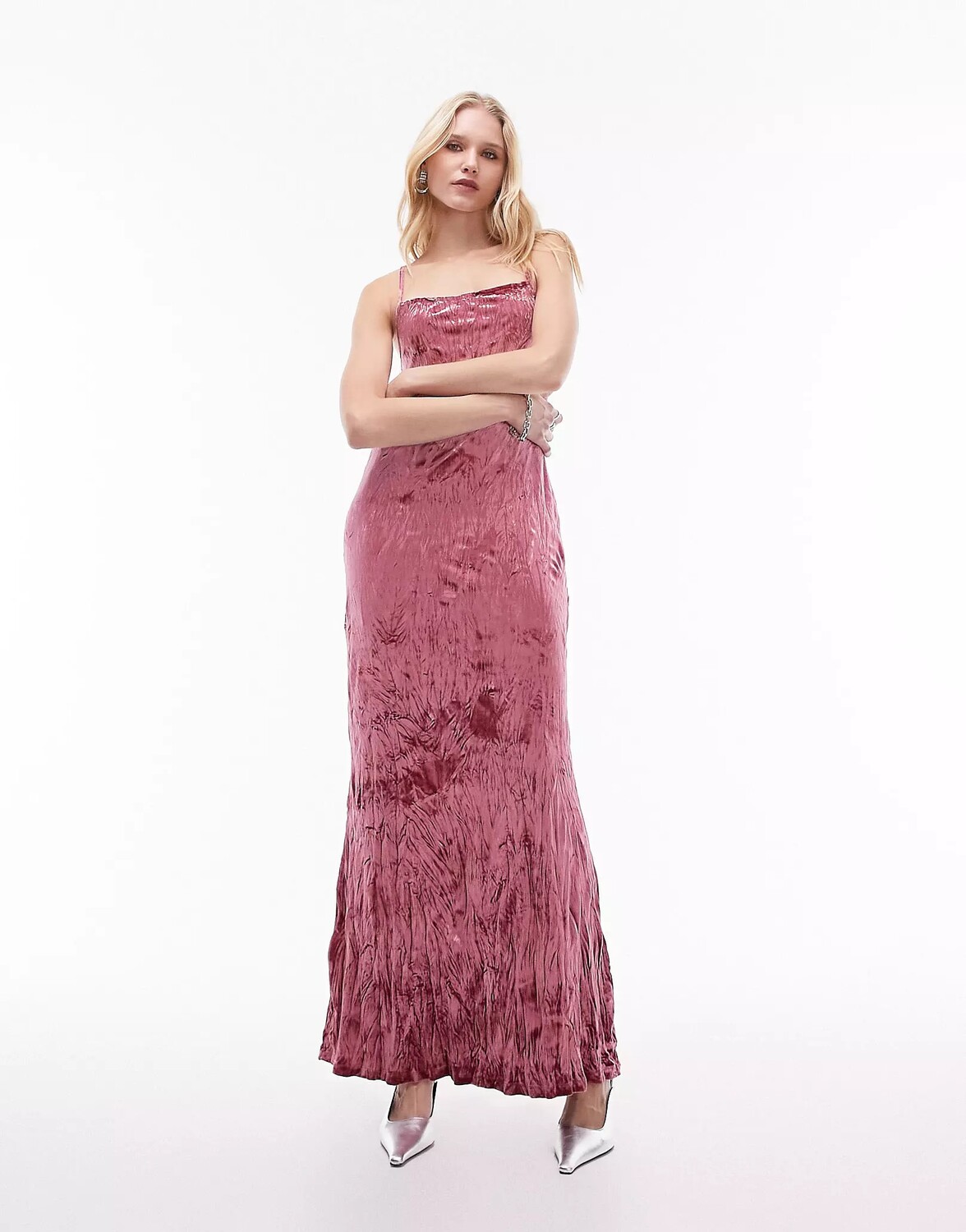 

Платье Topshop Crushed Velvet Bias Maxi Slip, розовый
