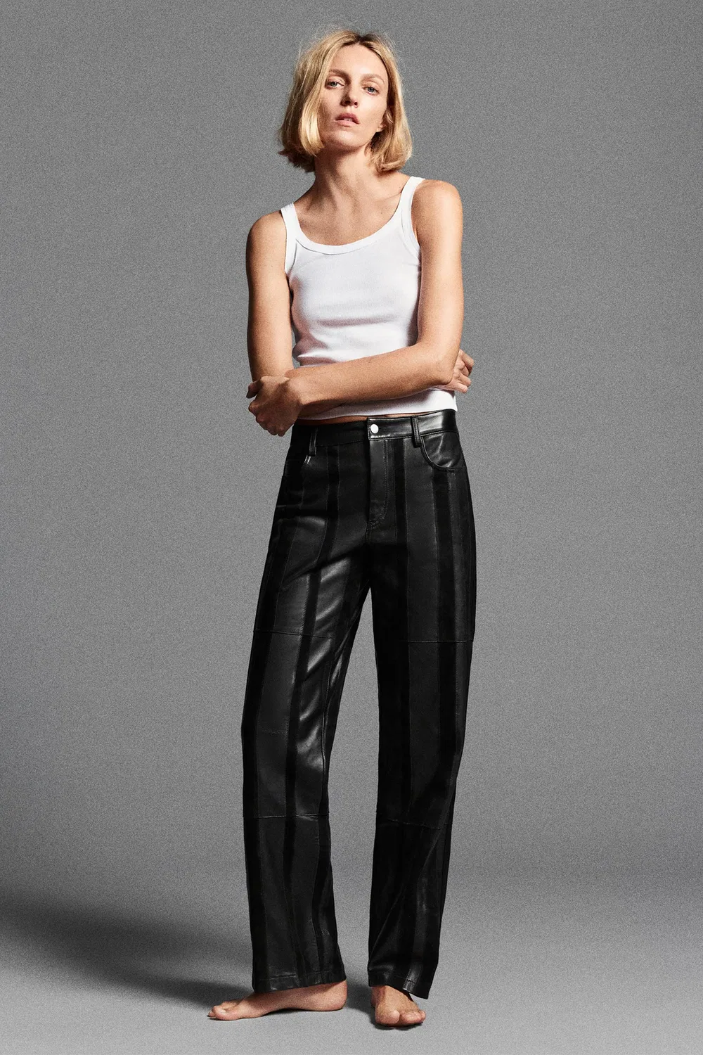 Брюки в полоску из 100% натуральной кожи от ZW COLLECTION ZARA, Black