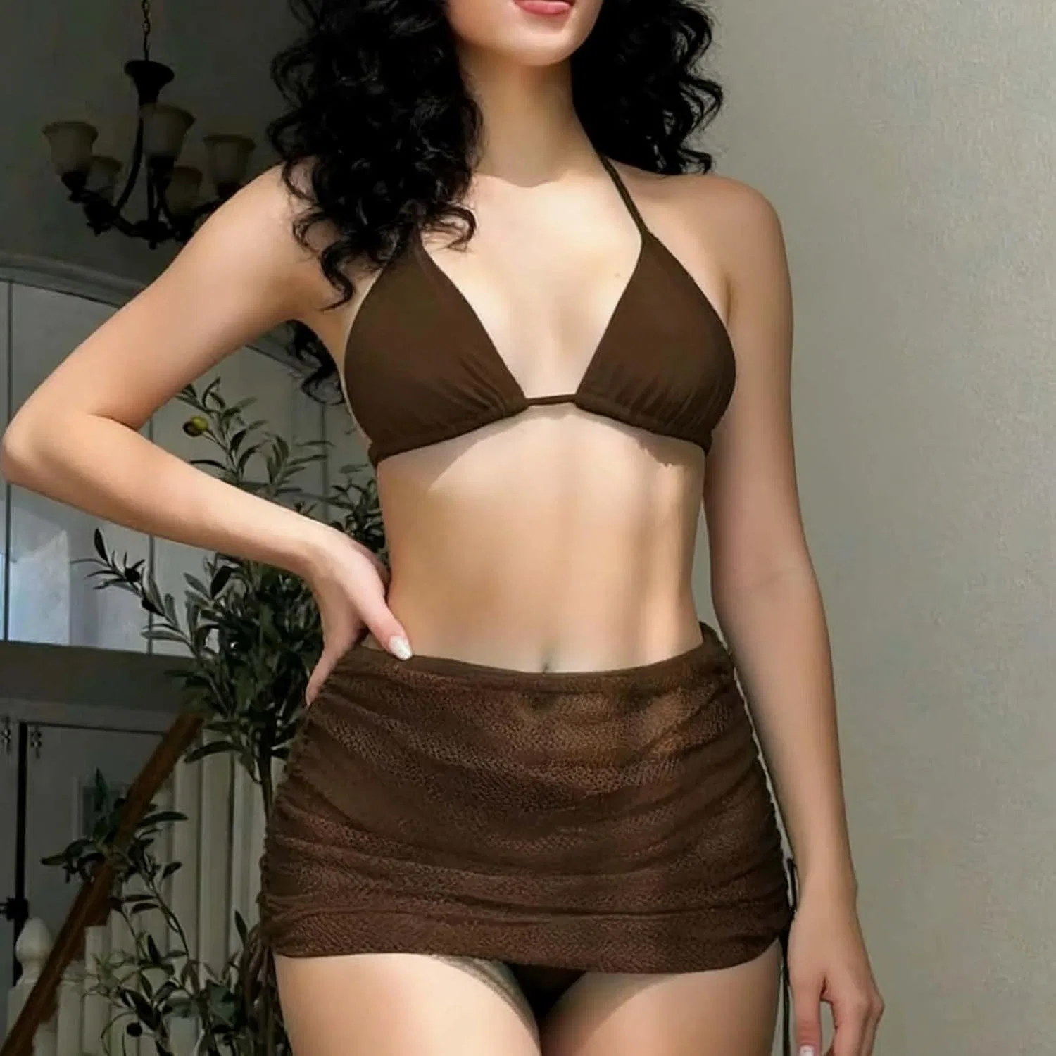 Женский купальный костюм с рыбацкой сеткой Push-up, Coffee — фото 2