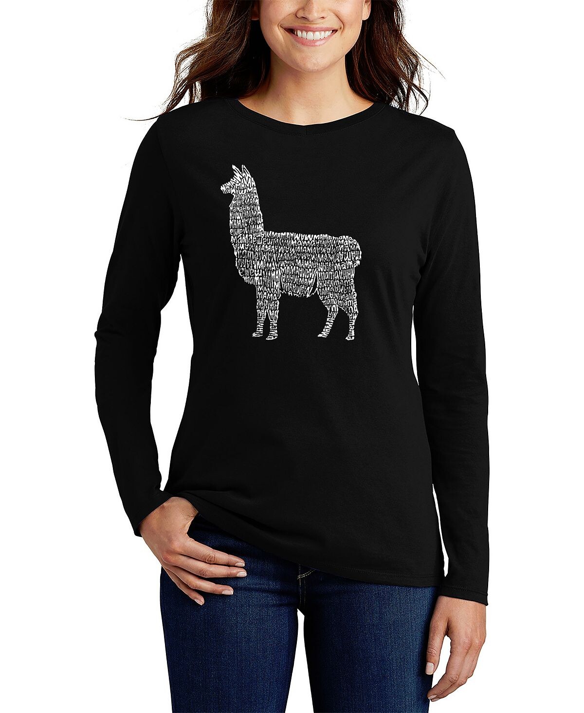 

Женская футболка с длинным рукавом llama mama word art LA Pop Art, черный