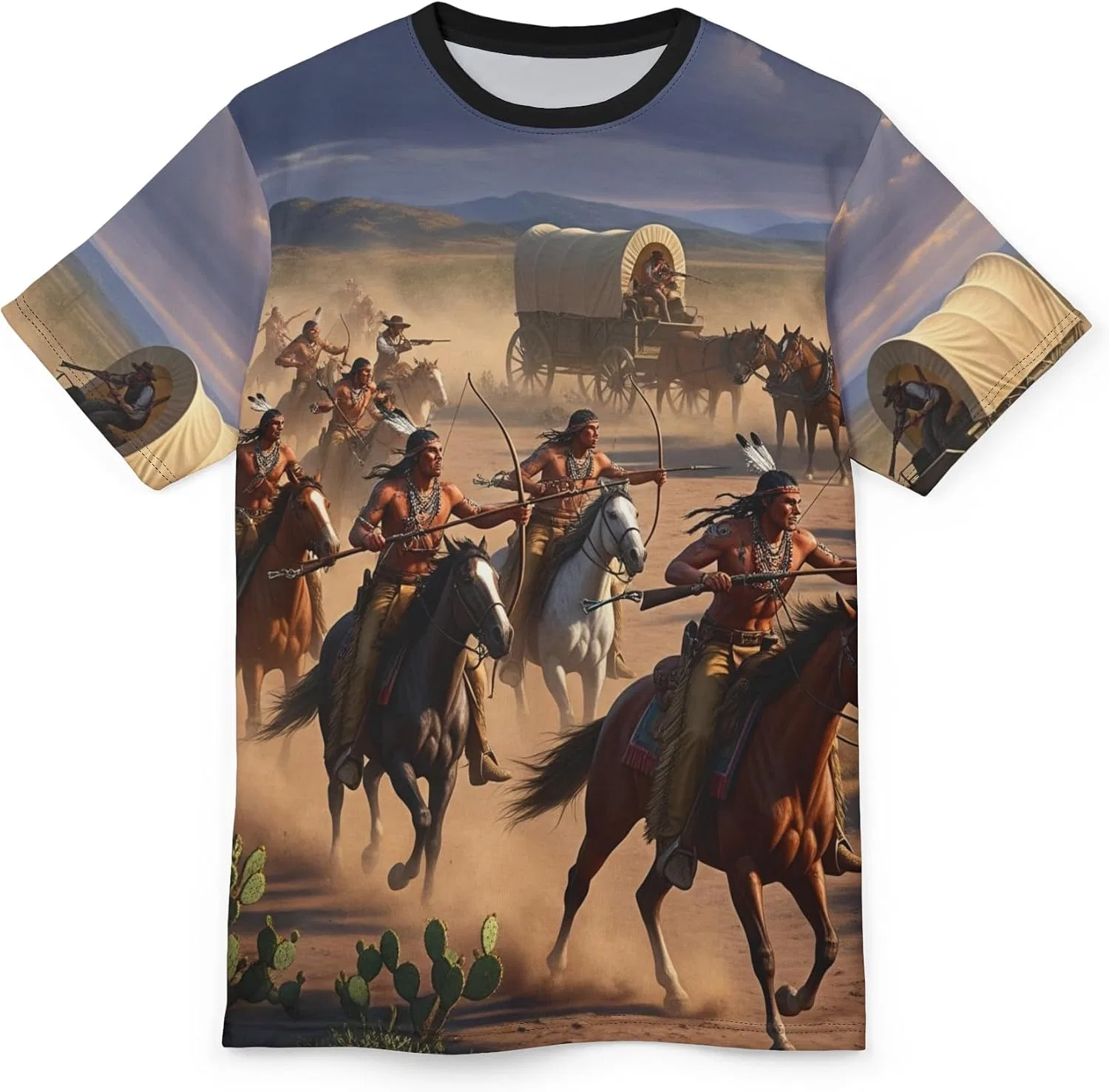 Футболка унисекс с принтом Indians Attacking a Wagon Train Black Stitching — фото 2