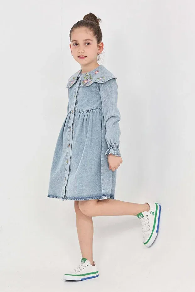 Детское платье для девочек джинсовое с воротником Modanino, Light Blue — фото 3