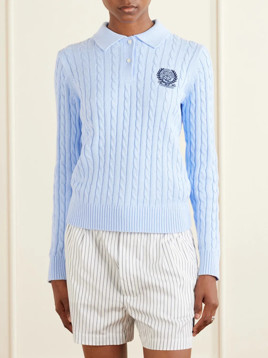 Поло из хлопкового трикотажа с косами и вышитым логотипом + Уимблдон POLO RALPH LAUREN, синий — фото 3