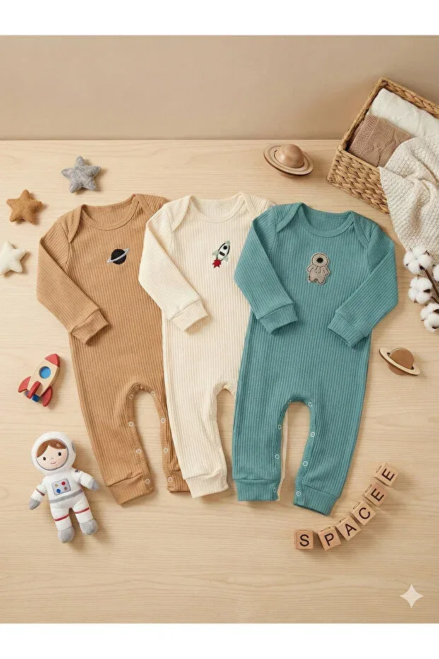 Детский комбинезон для мальчиков с вышивкой Tinytrends, Krem-Tarçın-Mint