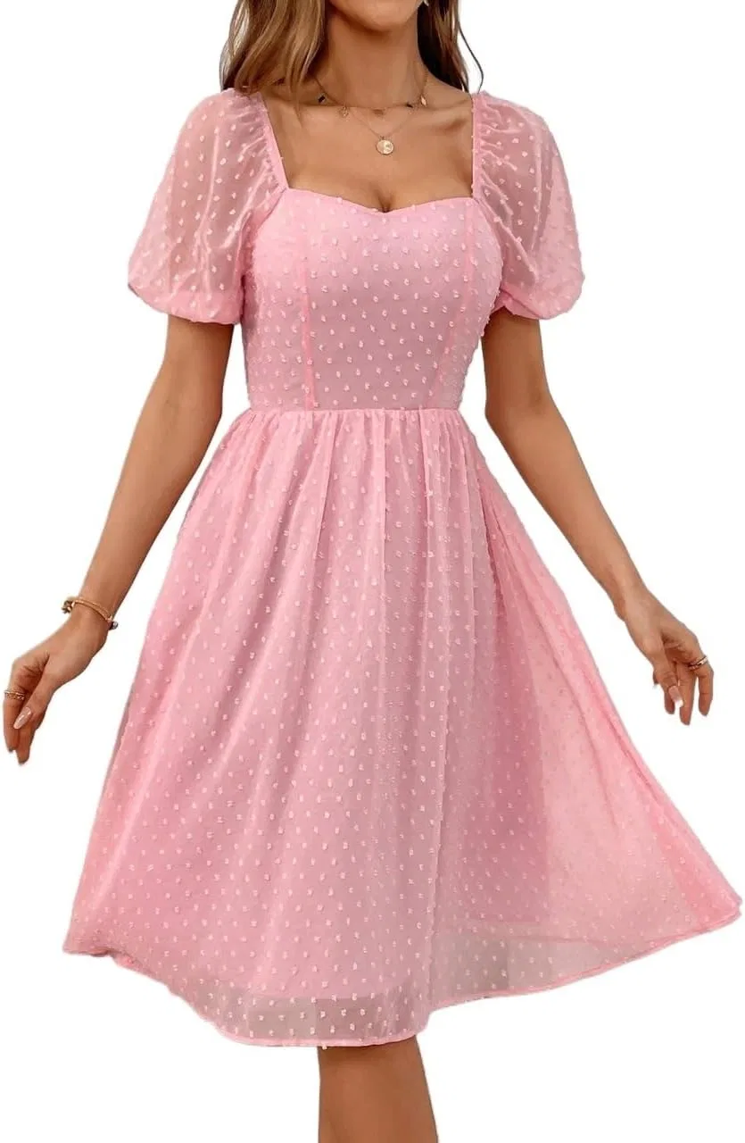 Женское повседневное платье миди с пышными рукавами, Baby Pink