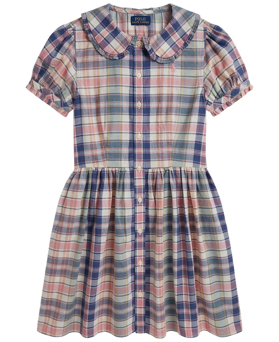 Платье с коротким рукавом, принт в клетку, модель Girls' 7-16 Short-Sleeve Dress Shirt Polo Ralph Lauren, Earth Blue/Pink