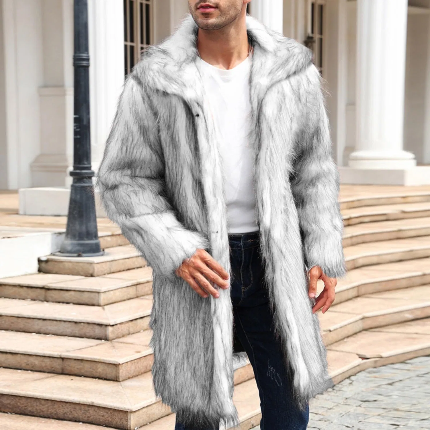 Мужское пальто из искусственного меха с длинным рукавом, G# Grigio — фото 4