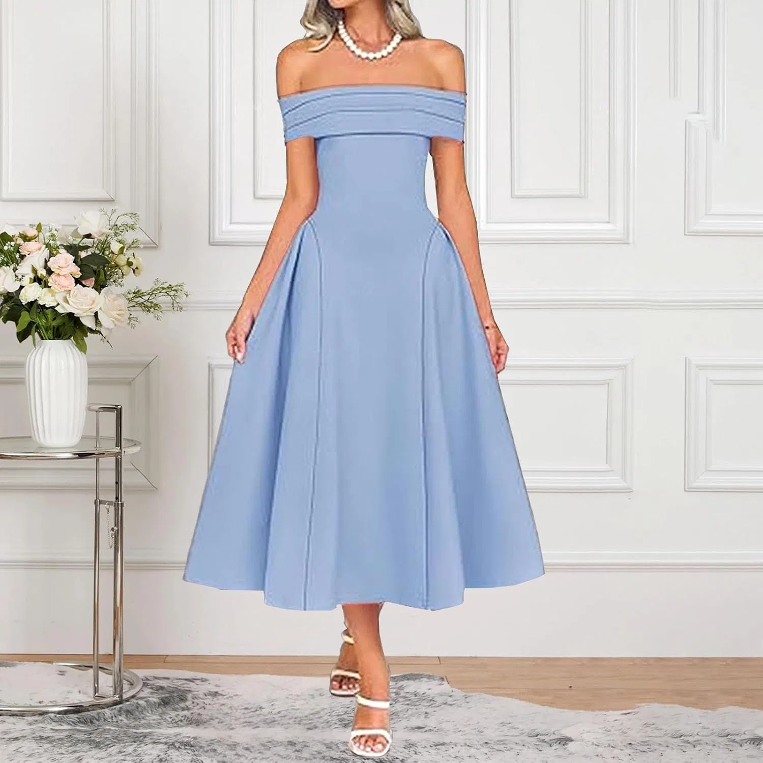 Женское элегантное платье off-shoulder с миди-длиной, Blue — фото 2