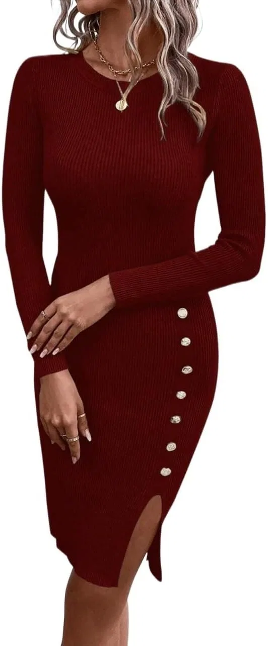 Женское короткое платье-свитер с круглым вырезом Bodycon, Burgundy