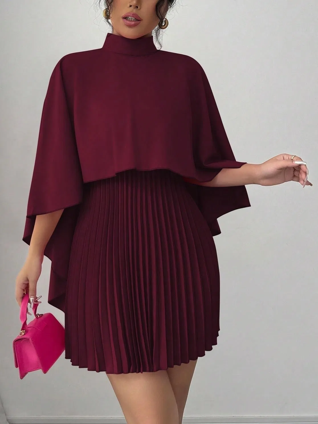Женское мини-платье А-силуэта с воротником-стойкой Generic, Burgundy — фото 3