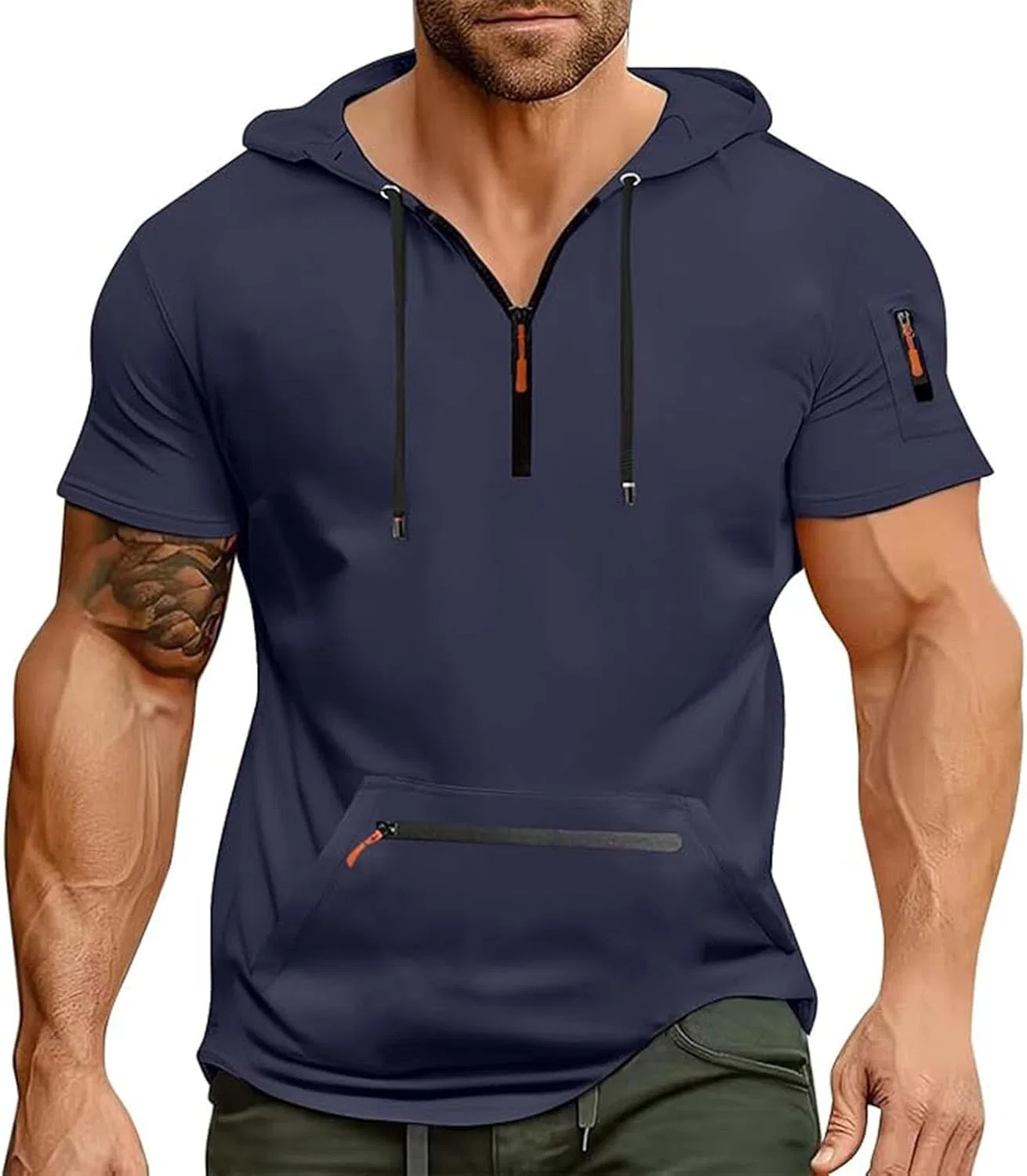 Мужская футболка с капюшоном и карманами Quarter Zip Casual, 2-navy — фото 2