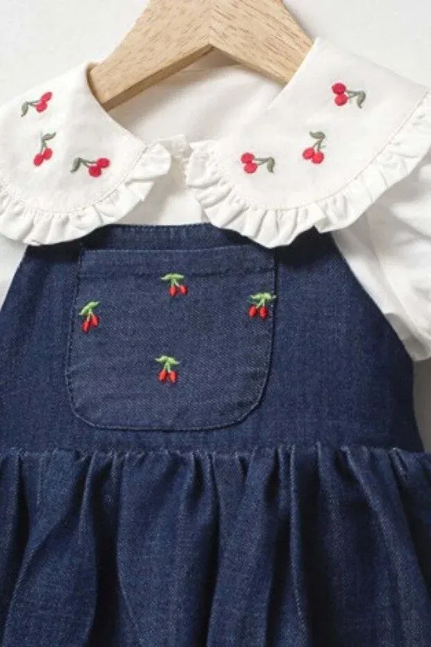 Детский комплект для девочек джинсовый с вышивкой вишни Cantoy, Dark Blue — фото 4