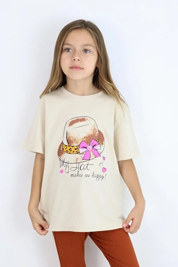 Детская футболка для девочек с принтом Basic Printed Girl's T-Shirt 4-10 Years Miababy, Hardal — фото 2