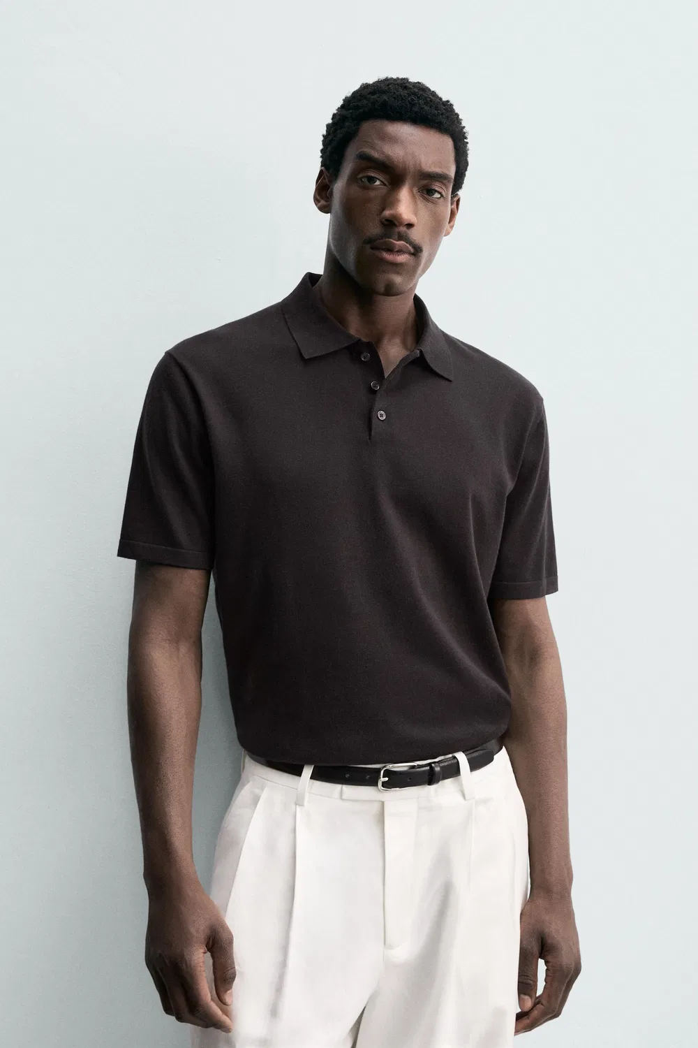 Поло из трикотажа из хлопковой смеси, стандартного кроя ZARA, Dark Brown — фото 2