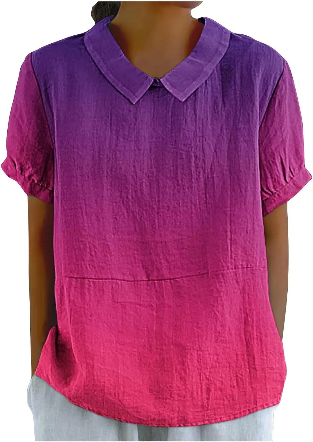 Женская свободная льняная футболка с воротником, Hot Pink