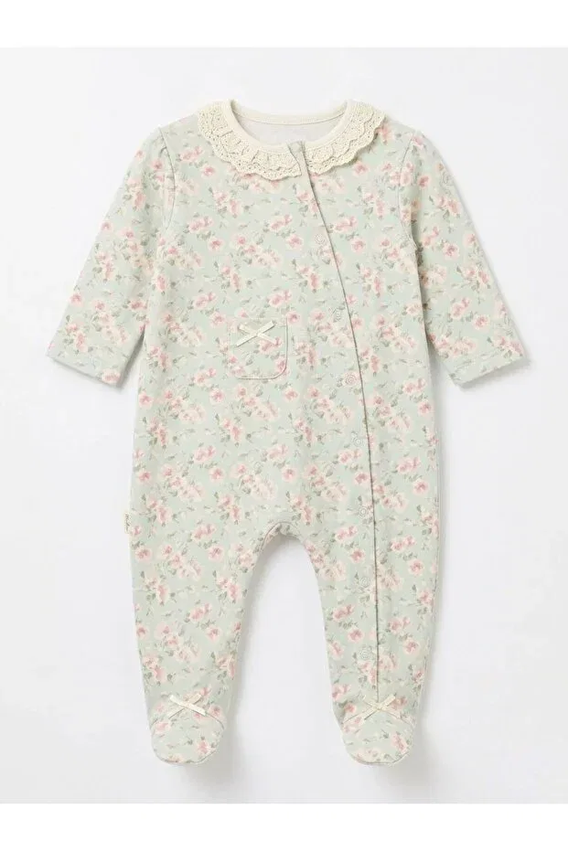Детский комбинезон для девочек хлопковый Vintage Floral Patterned Natural Jumpsuit With Ruffled Collar Moonstar, Open Mint