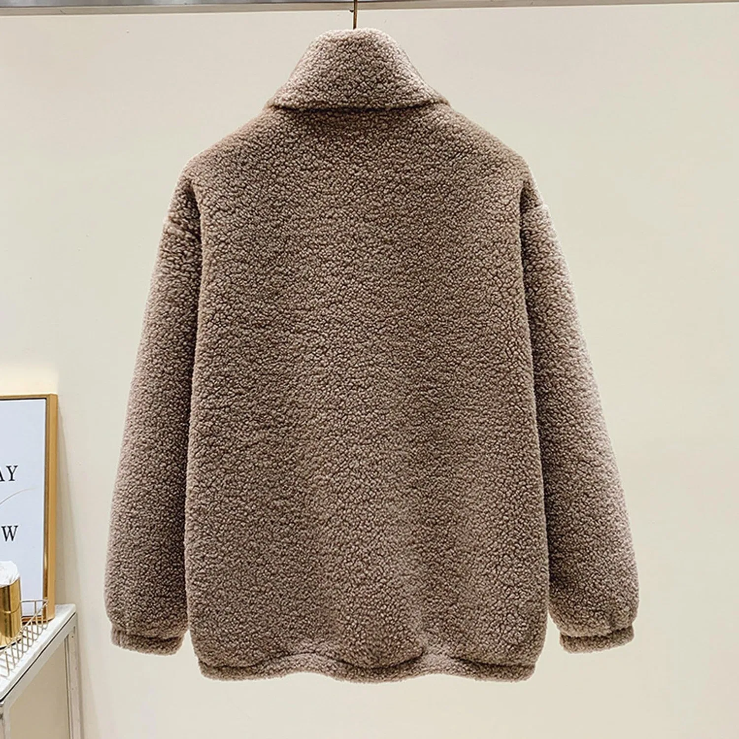 Женское зимнее пальто с воротником-стойкой из флиса, dark khaki — фото 2
