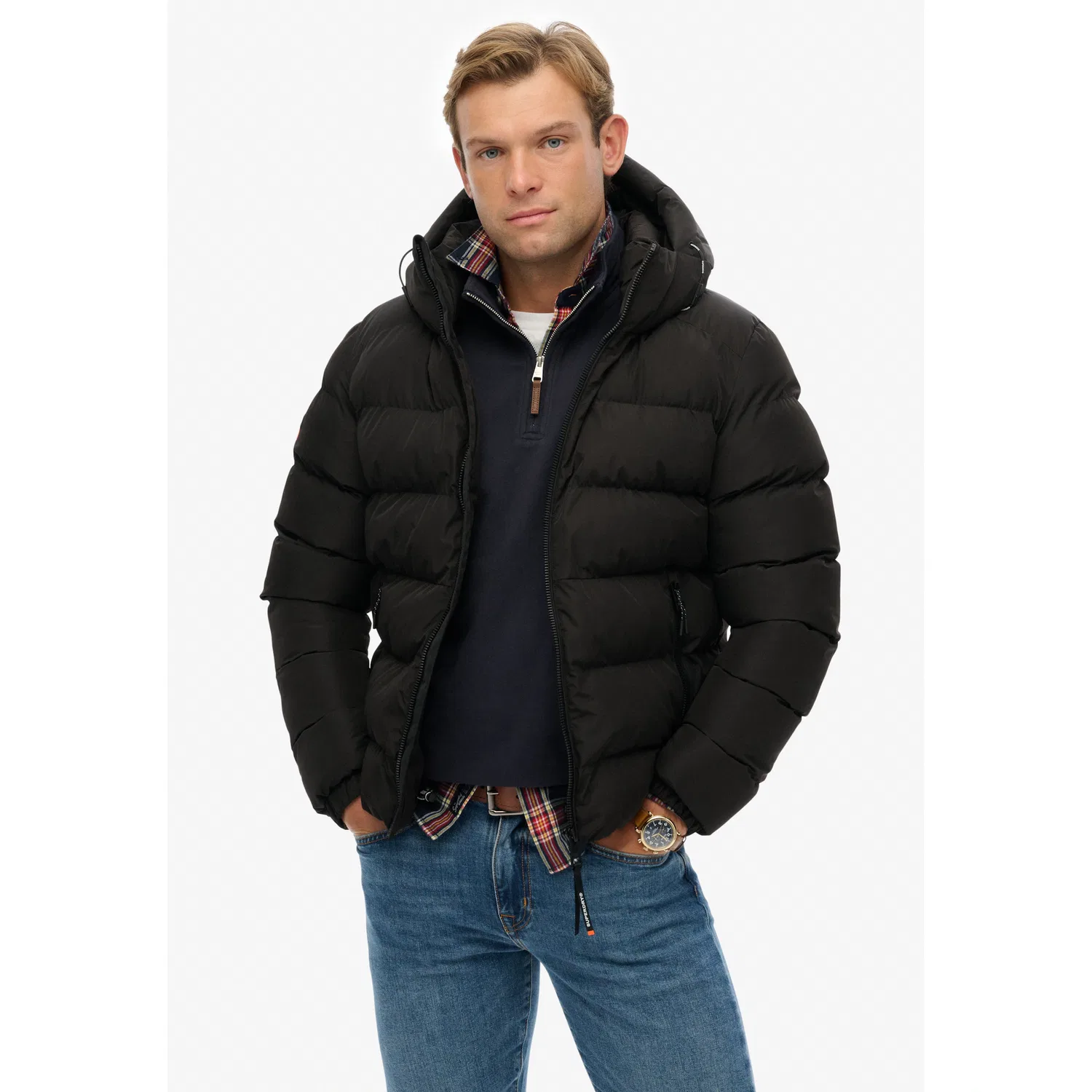 Мужская стеганая куртка с капюшоном Superdry, Black/Black — фото 2
