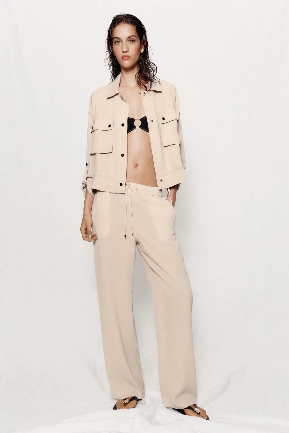 Свободные брюки с эластичным поясом ZARA, Beige