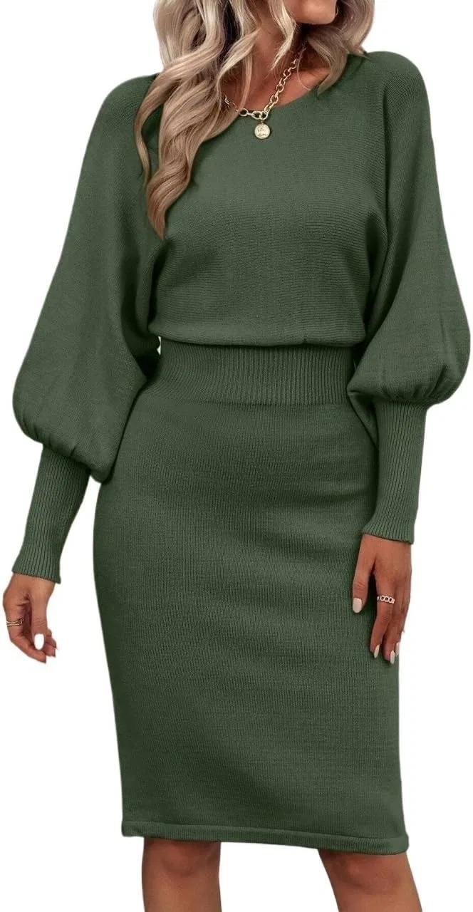 Женское платье свитер с рукавами летучая мышь, Army Green