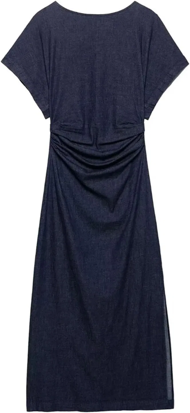 Женское прямое платье миди с плиссировкой и молнией, Dark Blue — фото 3