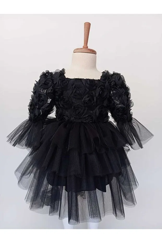 Детское платье для девочек с рюшами Rose Bow Detailed Tulle Tutu Evening Dress Baby, Black — фото 2