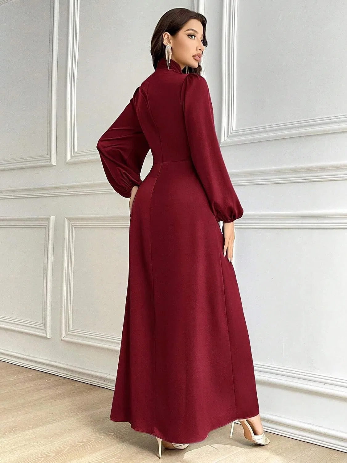 Женское элегантное макси-платье с воротником-стойкой, Burgundy — фото 3