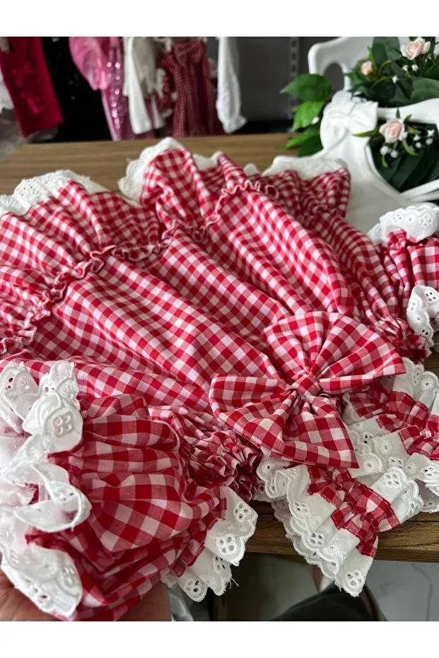 Детское платье для девочек с принтом Vintage Plaid Bow Detailed Trend Natural, Red — фото 4