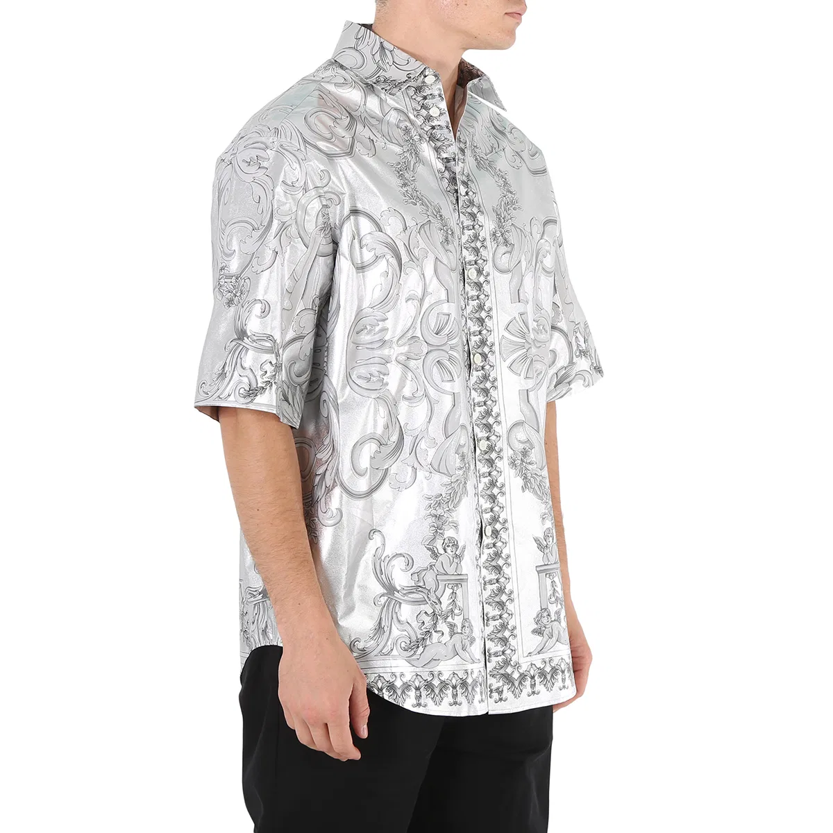 Рубашка из шелка с барочным принтом Versace, Silver/Black — фото 3