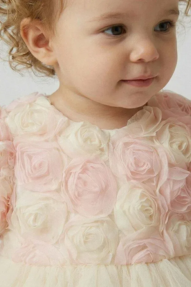 Детское платье для девочек с принтом Rose Detailed Bowknot Baby Evening Dress Cantoy, Ecru — фото 3