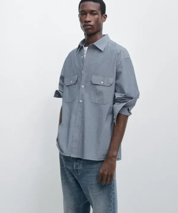 Рубашка с карманами, свободный крой, Massimo Dutti, джинсовый