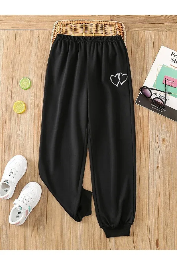 Детские спортивные штаны с принтом Small Double Heart Kids, Black