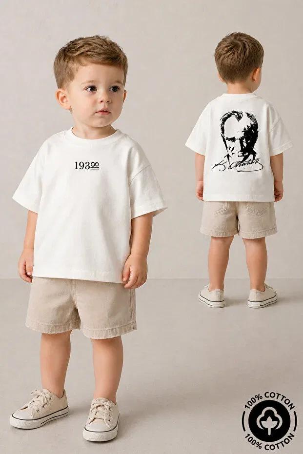 Детская футболка с принтом Unisex Crew Neck Ataturk Printed Miniel, Ecru