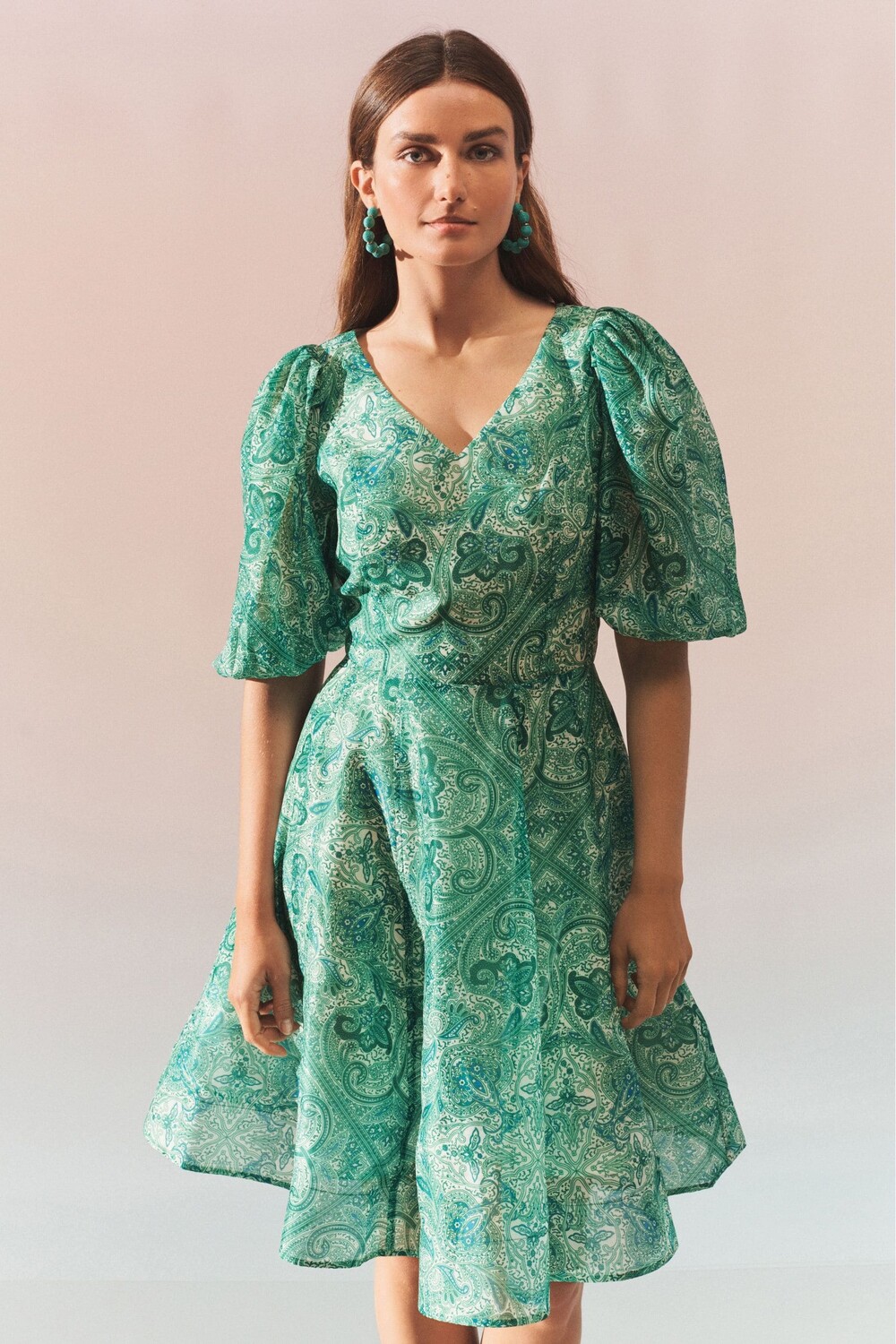 

Мини-Платье для особых случаев с рукавами-фонариками и V-образным вырезом Next, зеленый