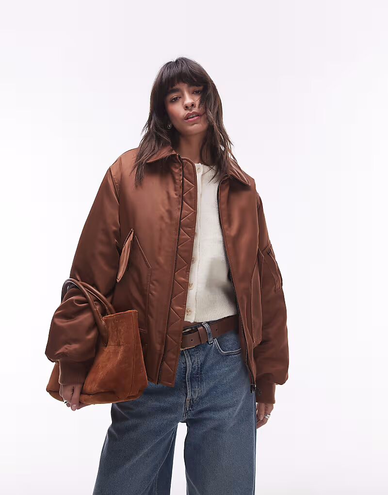 

Куртка-бомбер из нейлона Topshop из твила шоколадного цвета
