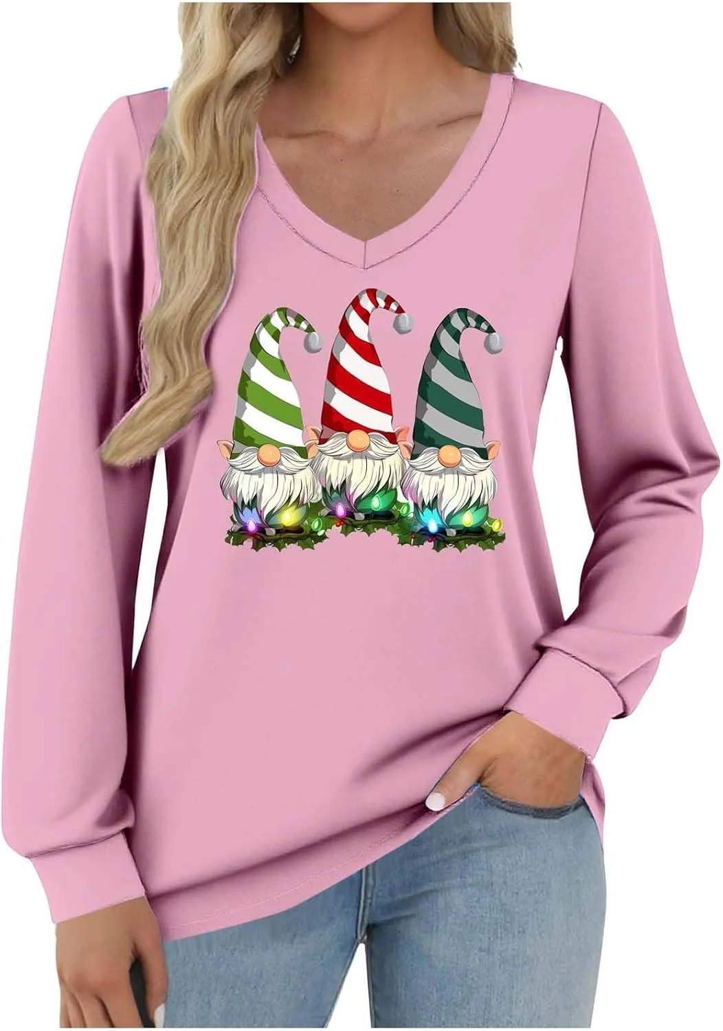 

Женская футболка с Санта-Клаусом, длинный рукав, V-образный вырез