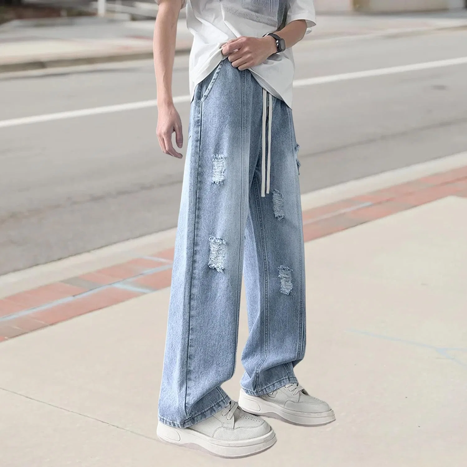 Джинсы свободные с рваными элементами, на завязках, Light Blue — фото 3
